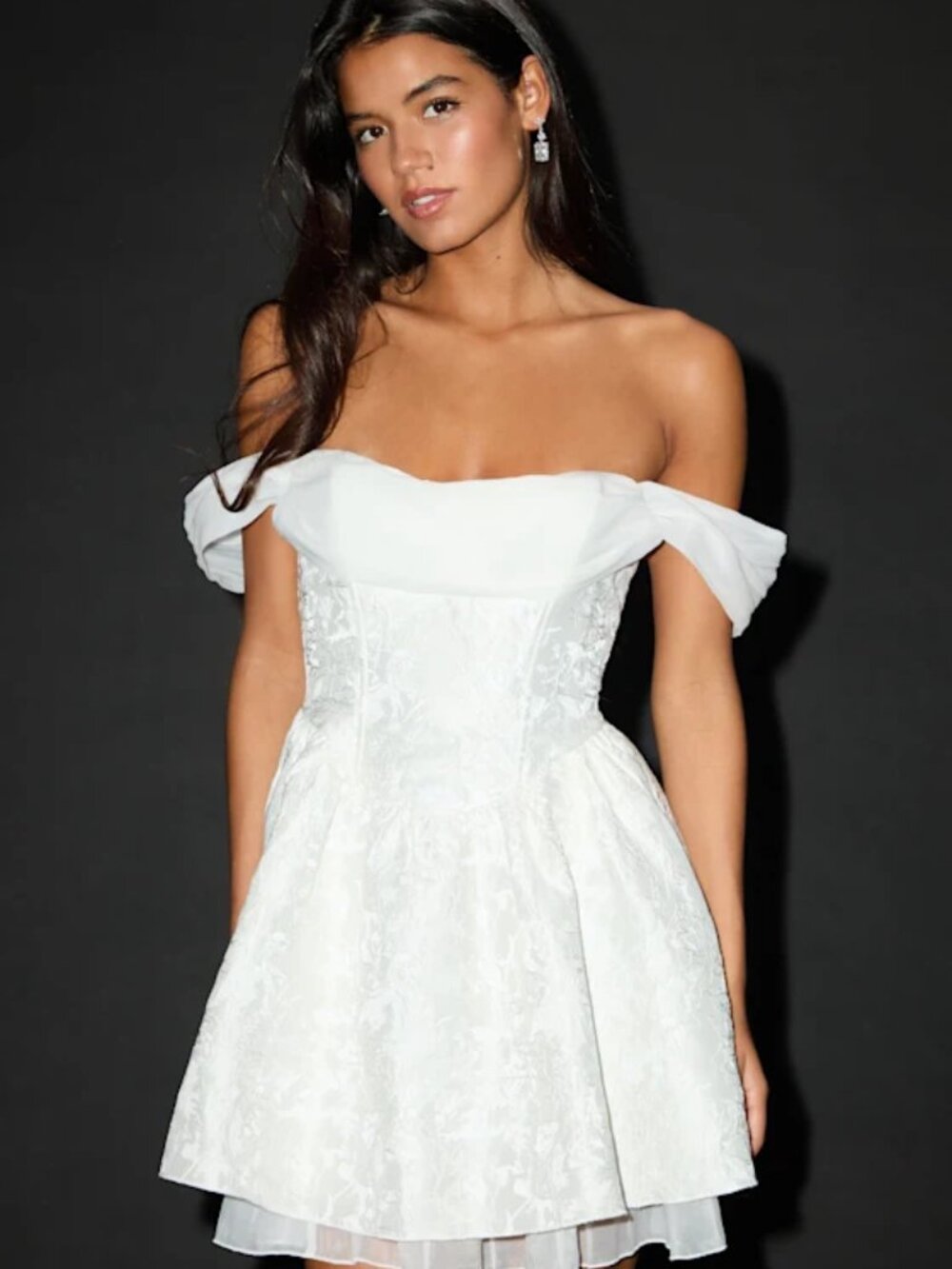 Lulus Kalara White Jacquard Off-the-shoulder Mini Dress - Size L - Picture 2 of 4
